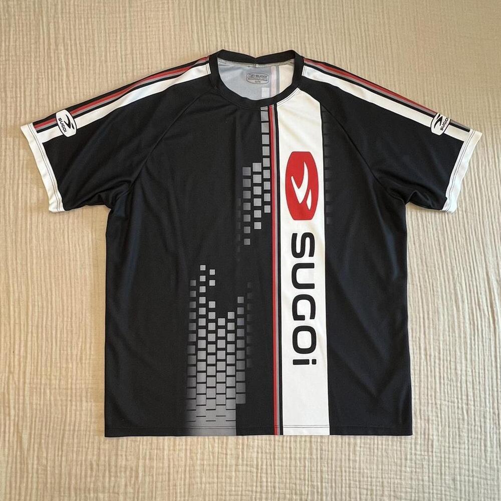 Sugoi black, white, gray, and red running/cycling short sleeve tech tee